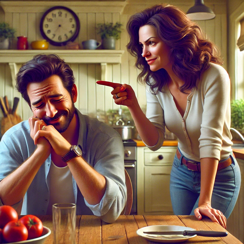 DALL·E 2024 09 08 11 01 06 A realistic scene depicting a humorous yet relatable moment in a couple's married life The husband sits at the dining table with a sheepish smile, lo